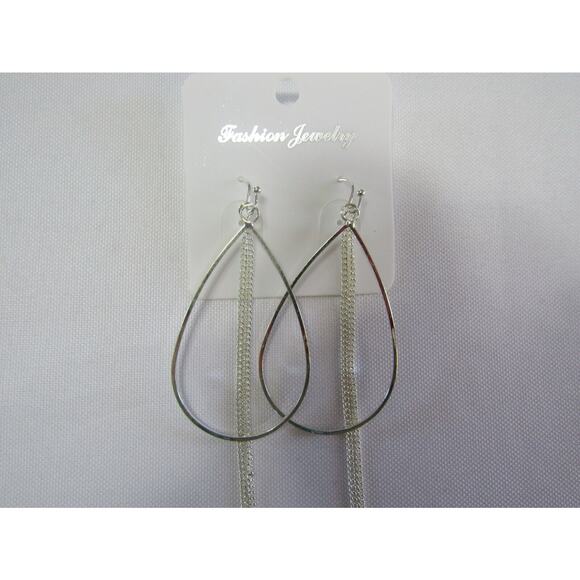 Silver Tear Drop Chain Hook Earrings Minimalist Open Festive - Picture 3 of 4